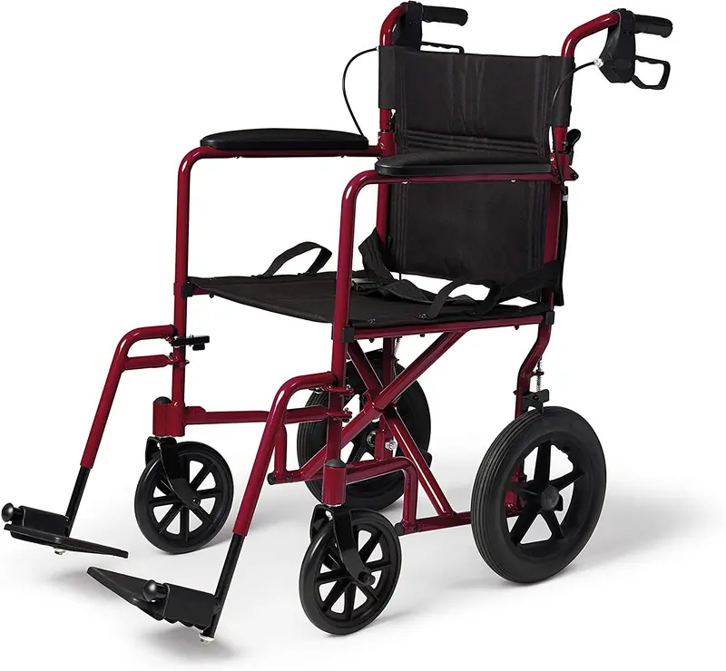 Lightweight Folding Transport Wheelchair: 12" Wheels, Dual Handbrakes – Red 1