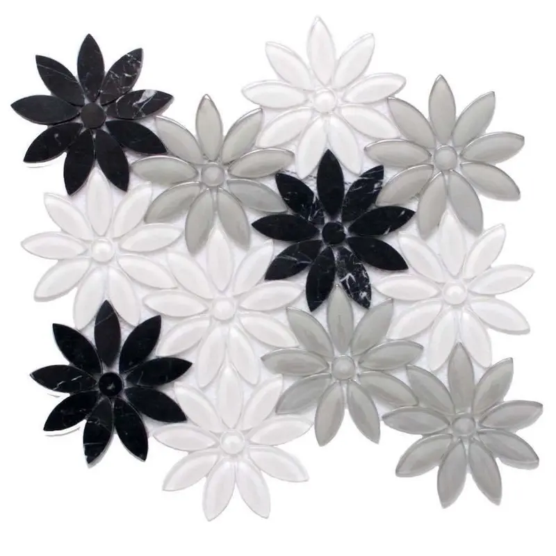 Midnight Black Waterjet Floral Mosaic Tile 1