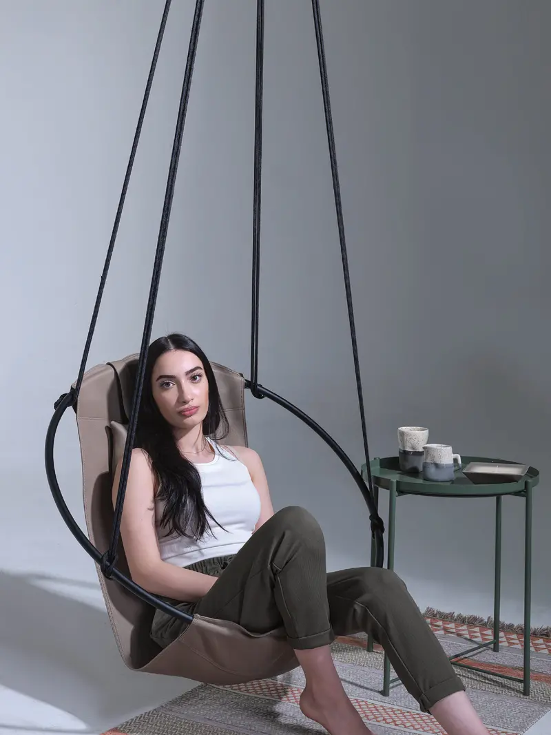 Mink Leather Hanging Chair – Neutral-Toned Suspended Seating 1
