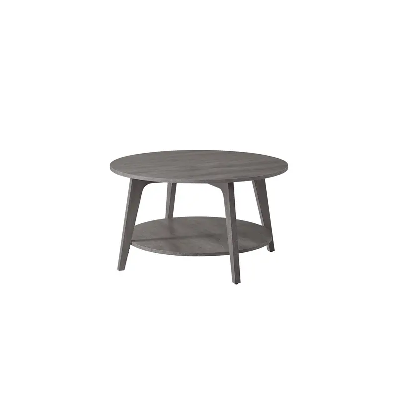 Misty Grey Round Coffee Table – Engineered Wood, Two-Tier Storage, Tool-Free Setup 1
