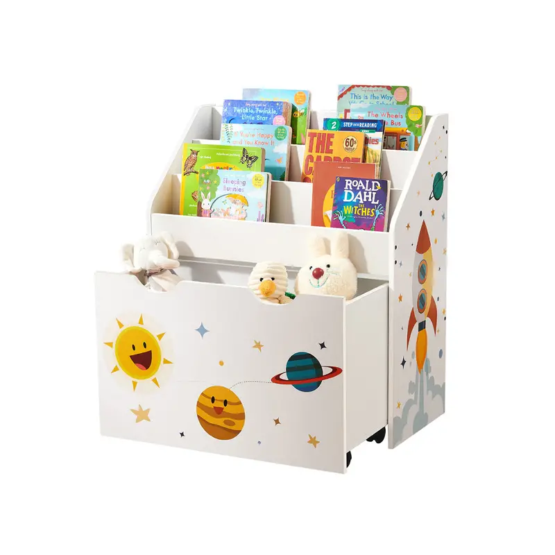 Mobile White Wooden Toy Organizer With 3 Shelves And Detachable Storage Box 1