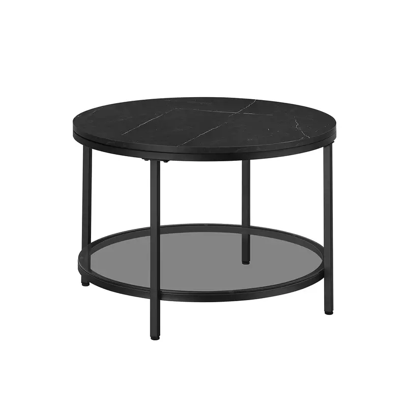 Modern Black Round Coffee Table – Faux Marble Base With Tempered Glass Lower Shelf 1