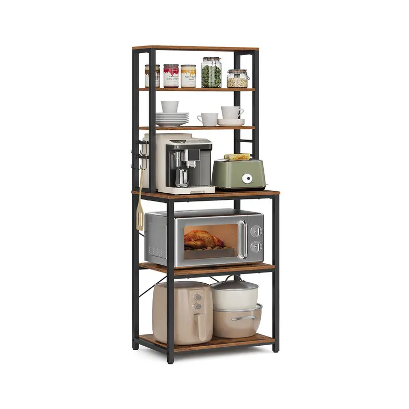 Modern Steel Kitchen Organizer – Heather Greige & Ink-Black 6-Shelf Rack With Hook System 1