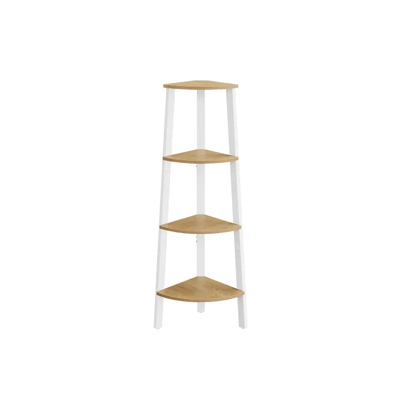 Natural Oak & Matte White 4-Tier Corner Shelf Unit – Industrial-Chic Home Organizer 1