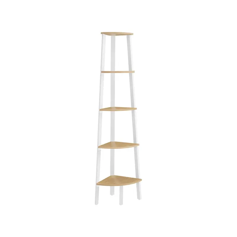 Natural Oak & Matte White 5-Tier Corner Shelf Unit – Living Room & Plant Display Stand 1