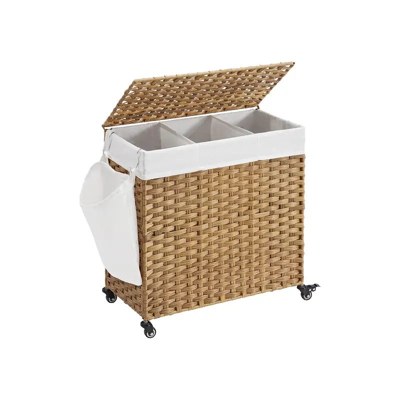 Natural Rattan-Style 3-Compartment Laundry Hamper – Removable Liner For Easy Cleaning 1