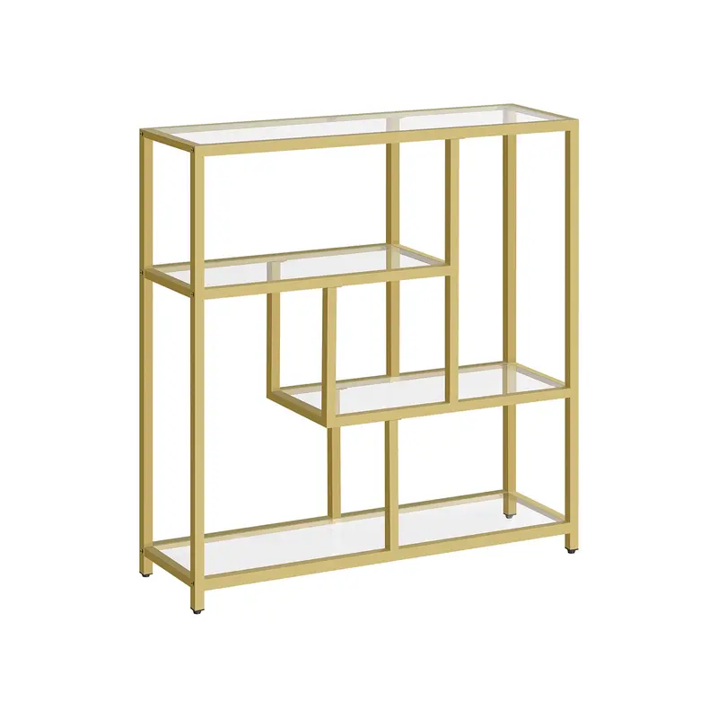 Pale Gold & Transparent 4-Tier Freestanding Bookcase – Metal-And-Wood Hybrid Shelving 1