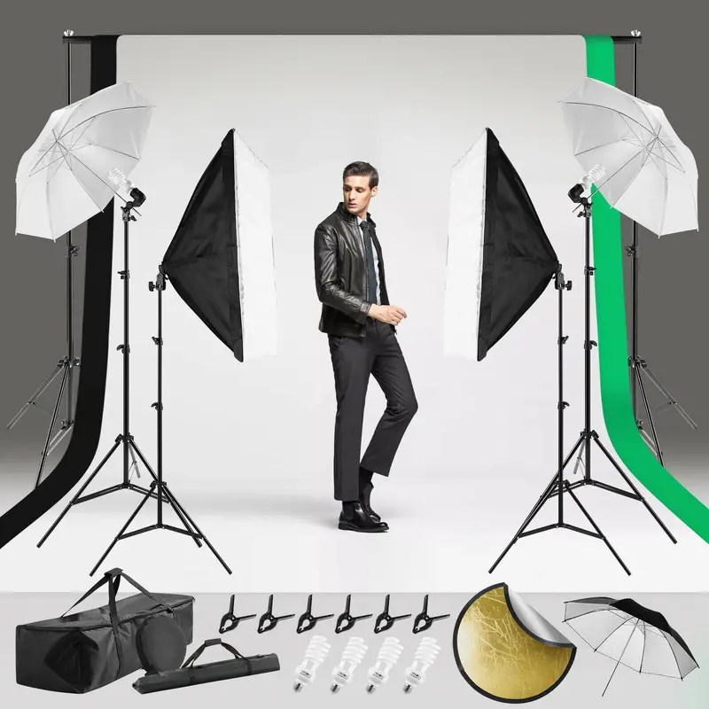 Professional Photography Lighting Kit – Softbox Umbrella Set With 100% Polyester Backdrop 1