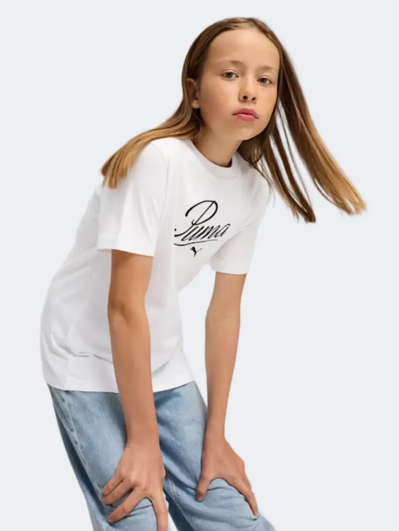 Puma Essentials Script Girls' Lifestyle T-Shirt – White 1