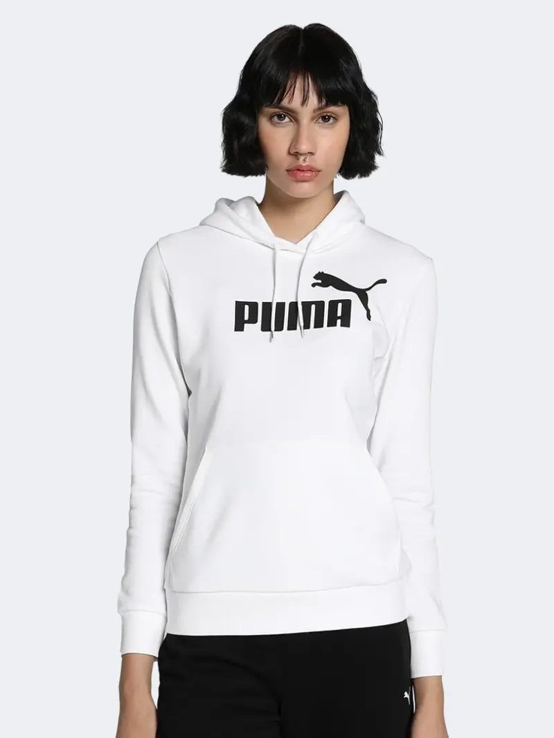 Puma Women’S White Cotton Hoodie – Casual Essentials Sweatshirt 1