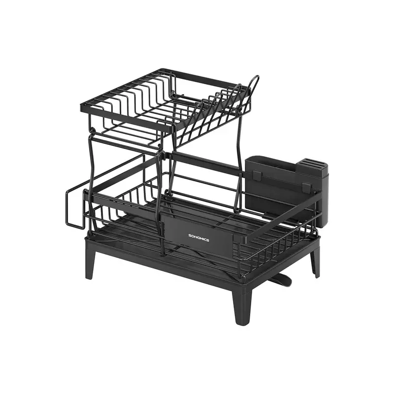 Rotating Metal Dish Drying Rack – Ink Black 360° Swivel Design With Extendable Spout 1