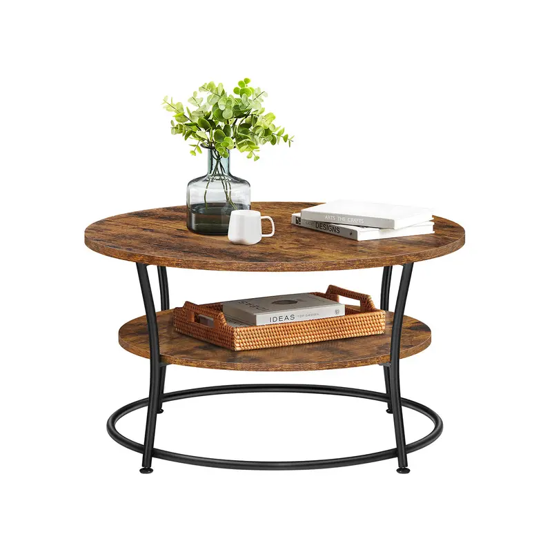 Round Cocktail Table With Storage – Rustic Brown Metal Frame, Easy Assembly & Shelf 1