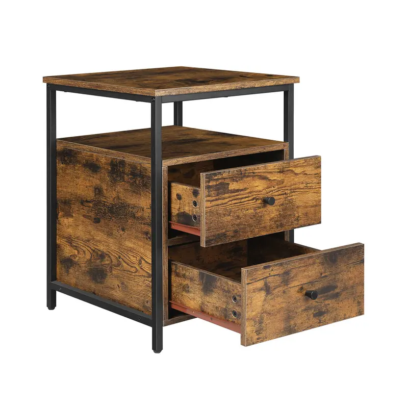 Rustic Brown And Black Nightstand – Wood-And-Metal Construction With Open Shelf And Dual Drawers 1