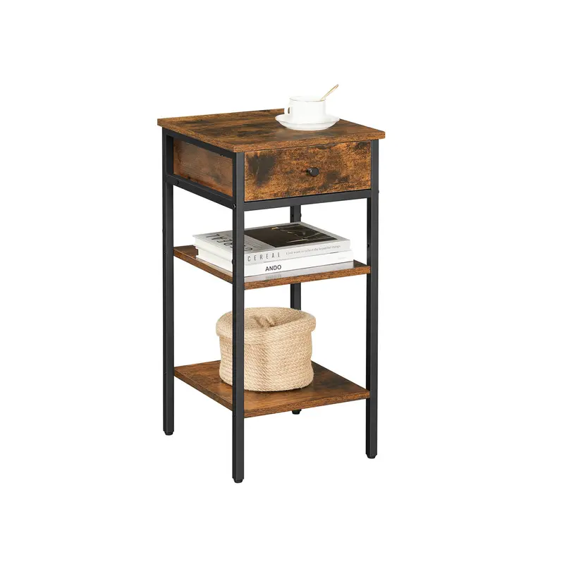 Rustic Brown & Black End Table – Compact Wood-And-Metal Design With Drawer & Shelves 1