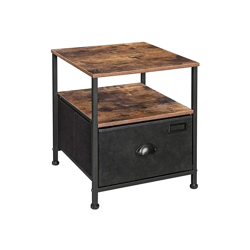 Rustic Brown & Black Fabric-And-Wood Bedside Table – Industrial Design With Shelving & Storage 1