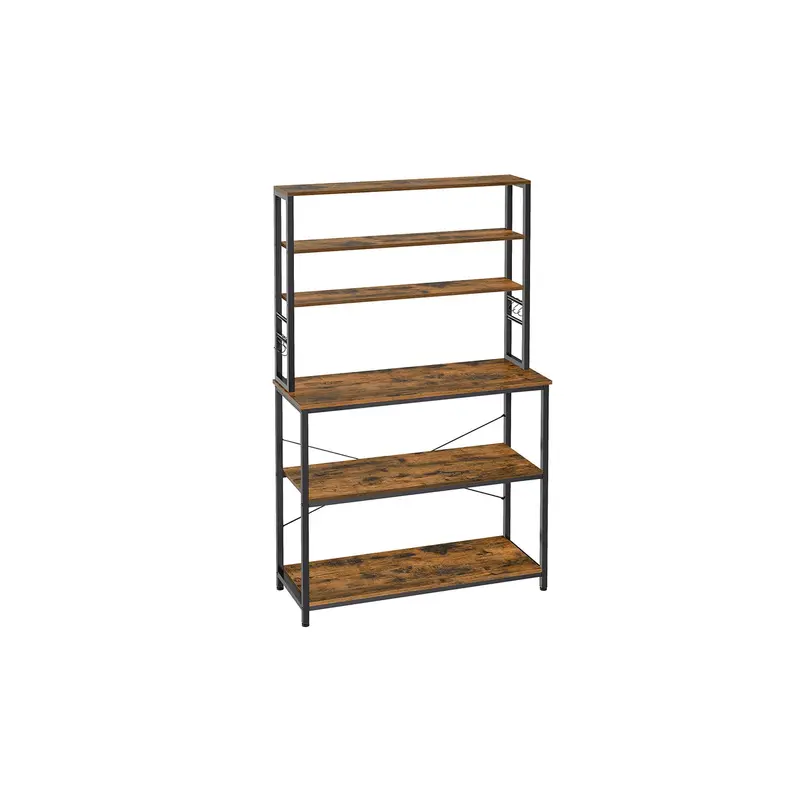 Rustic Brown & Black Steel Kitchen Storage Rack – 6-Tier Shelving Unit With Hanging Hooks 1