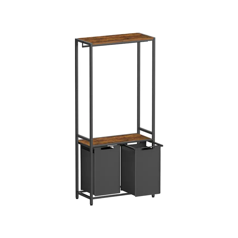 Rustic Brown & Black Wooden Laundry Basket – Two-Tier Design With Shelves And Pull-Out Liners 1