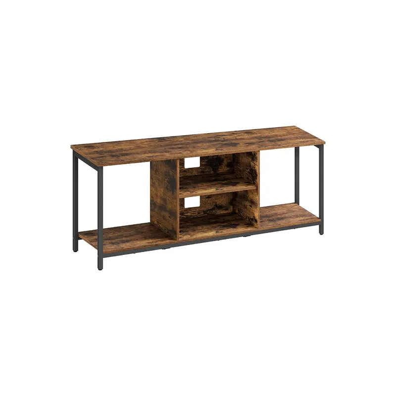 Rustic Brown & Ink Black Engineered Wood Tv Stand With Open Shelving For Large 65" Screens 1