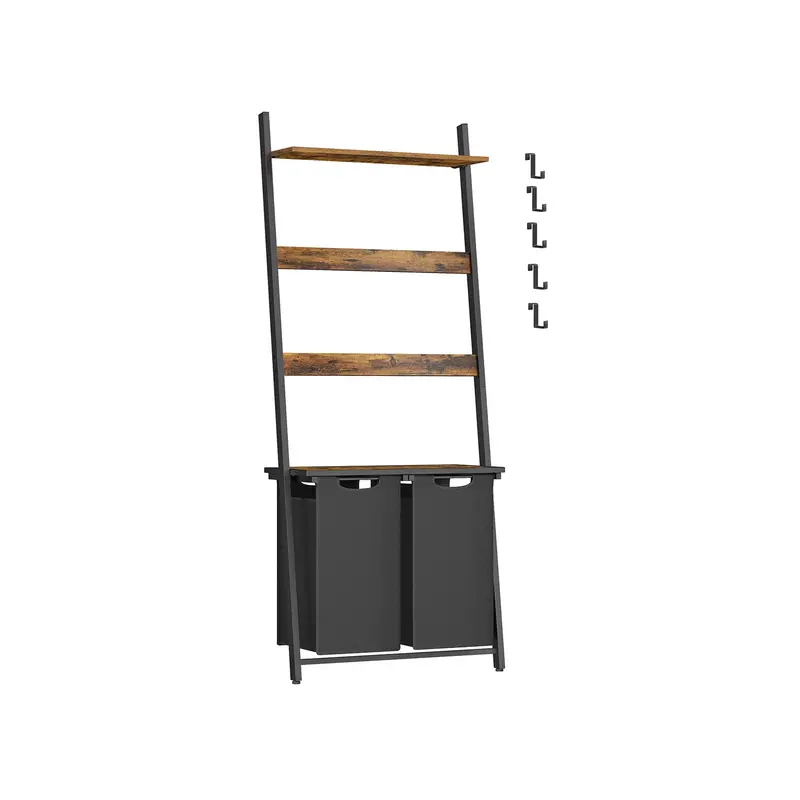 Rustic Brown & Ink Black Laundry Hamper Set – Wooden Blanket Ladder With Dual-Section Pull-Out Liners 1