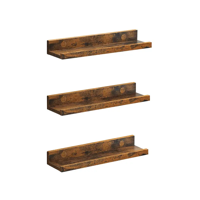 Rustic Brown Wood Floating Shelves – Set Of 3, 38 Cm, Front-Edge Design 1