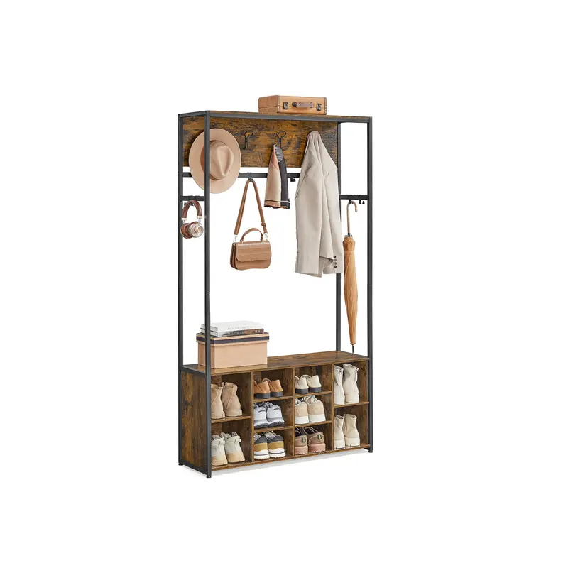 Rustic Hall Tree With Bench – Two-Tone Wood (Brown & Ink Black), Shoe Storage & Coat Hooks 1