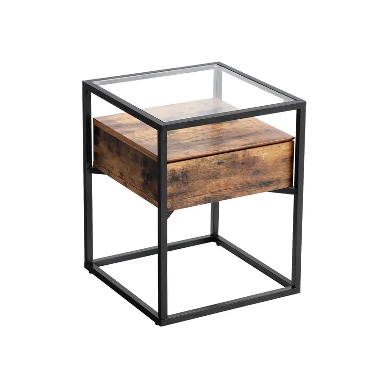 Rustic Iron End Table With Tempered Glass Top, Drawer, And Lower Shelf 1