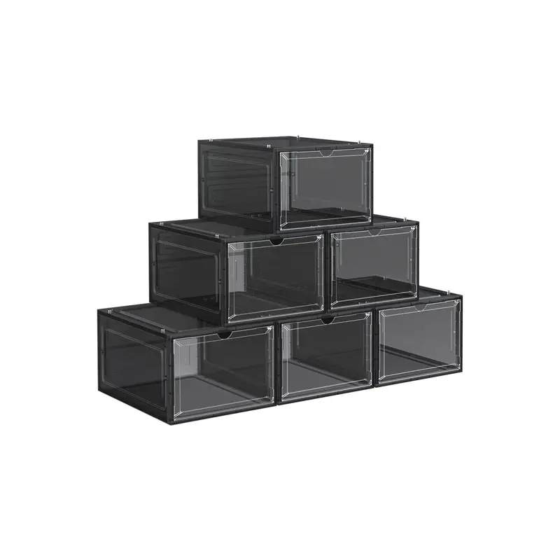 Set Of 6 Ink Black Stackable Shoe Boxes – Transparent Front Doors For Easy Identification 1