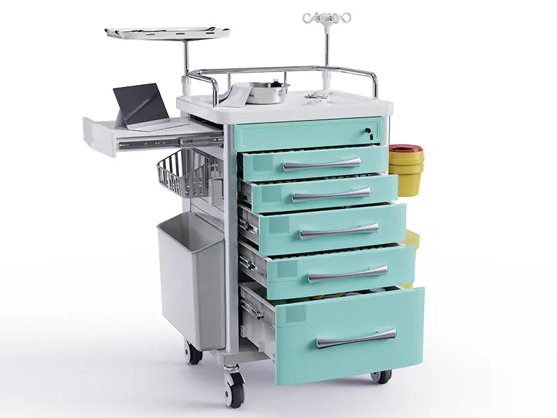 Silent-Caster Crash Cart With Adjustable Iv Pole, O₂ & Waste Holders For Healthcare Settings 1