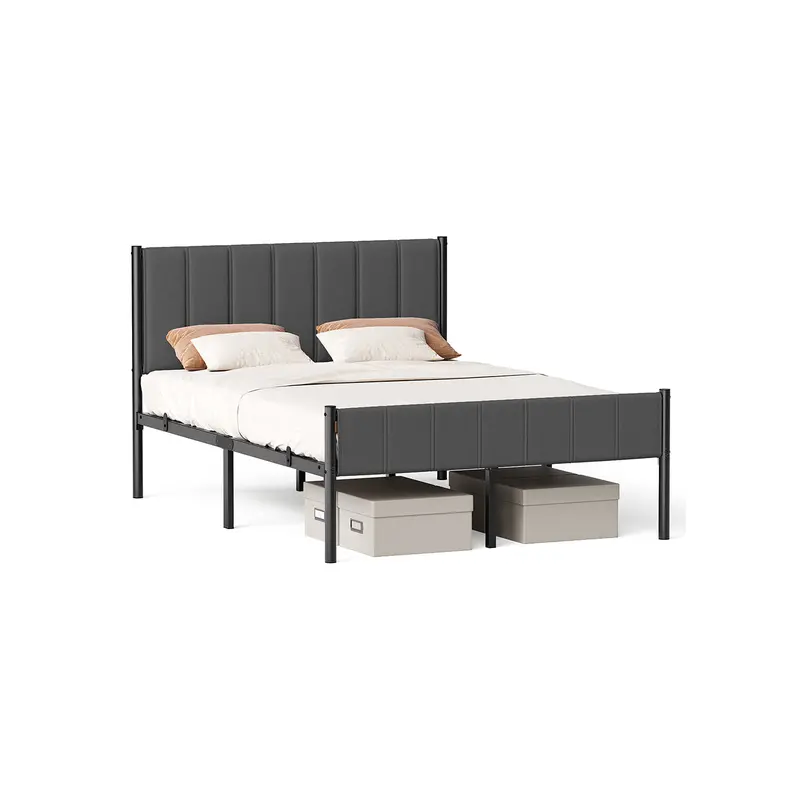 Slate Grey Upholstered Double Bed Frame – Modern Headboard, Quick-Assembly Metal Base 1