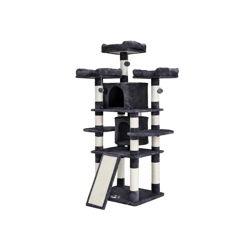 Smoky Grey Cat Tree With 3 Perches, 2 Cuddly Caves, And Thick Sisal Scratching Posts – Solid Wood Base 1