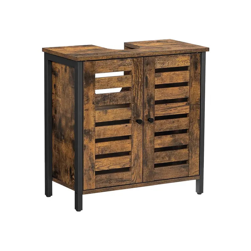 Steel-Frame Under-Sink Storage Cabinet In Rustic Brown & Black With Louvered Doors 1