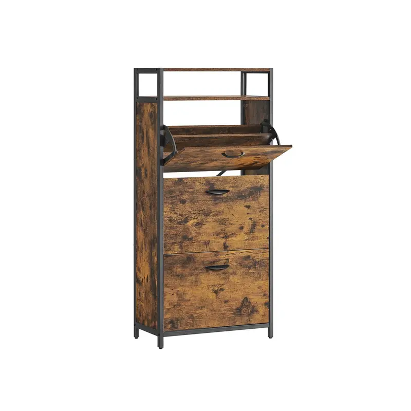 Three-Door Engineered Wood Shoe Cabinet – Rustic Brown & Black, 15–18 Pair Capacity 1