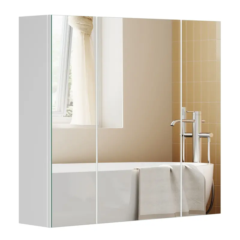 Three-Door Mdf Wall Cabinet – Matte White Finish With Mirror Panels And Customizable Interior Shelf 1