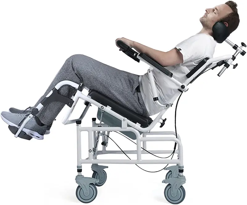 Tilt-In-Space Reclining Commode Wheelchair – 45° Shampoo Position, Headrest & Bathroom Integration 1
