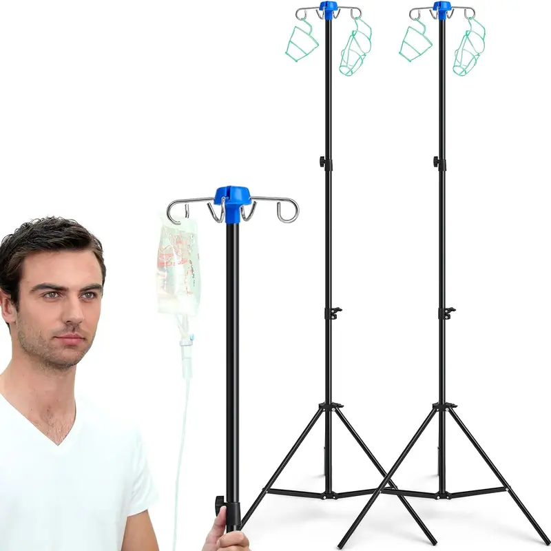 Twin Pack Foldable Iv Pole Stands With 4 Hooks And 3-Leg Stability For Bedside Or Mobile Care 1