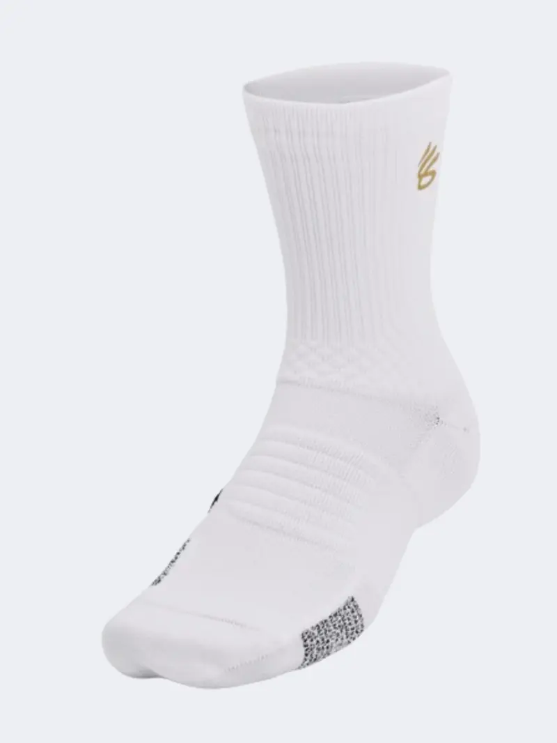 Under Armour Curry Unisex Basketball Crew Socks In White, Grey & Gold 1
