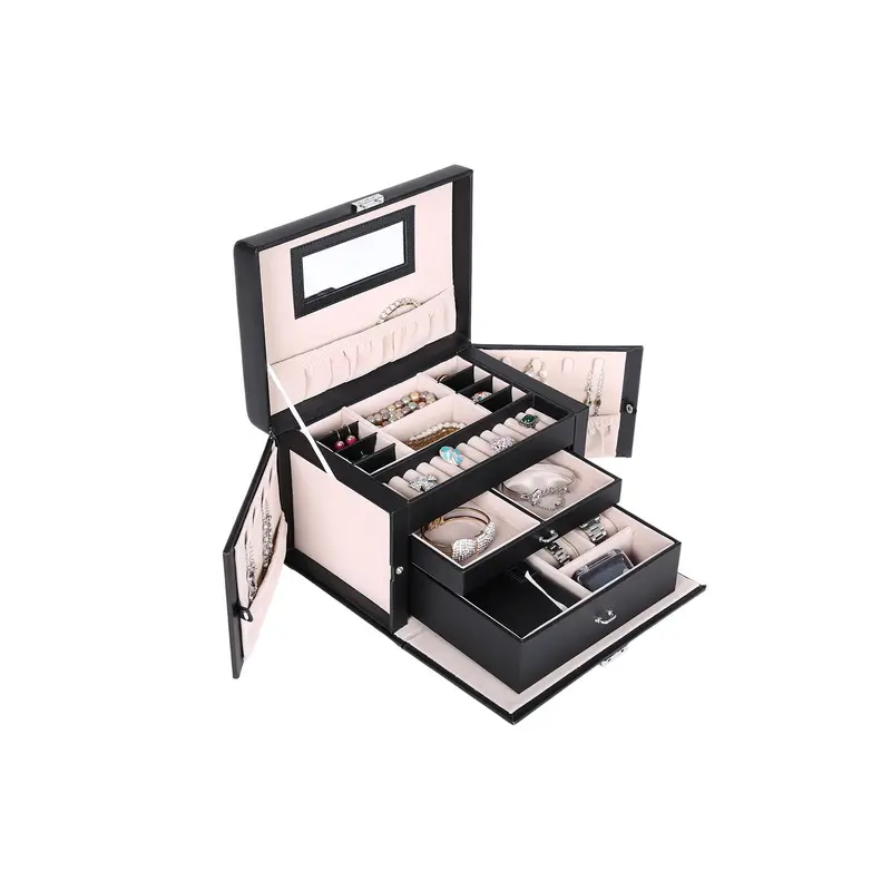 Velvet-Lined Lockable Jewelry Box – White Exterior With Interior Mirror & Dual Drawers 1