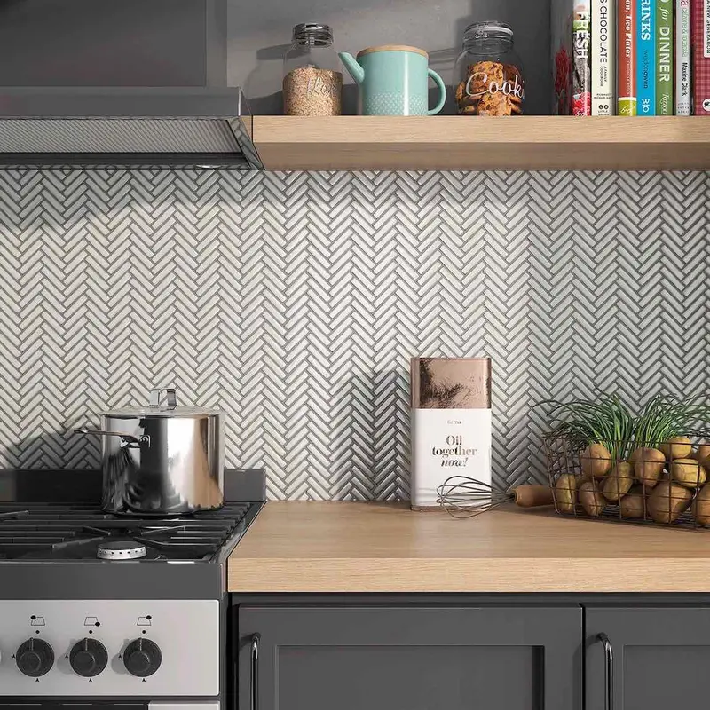Vintage Pearl White Herringbone Mosaic Tile 1