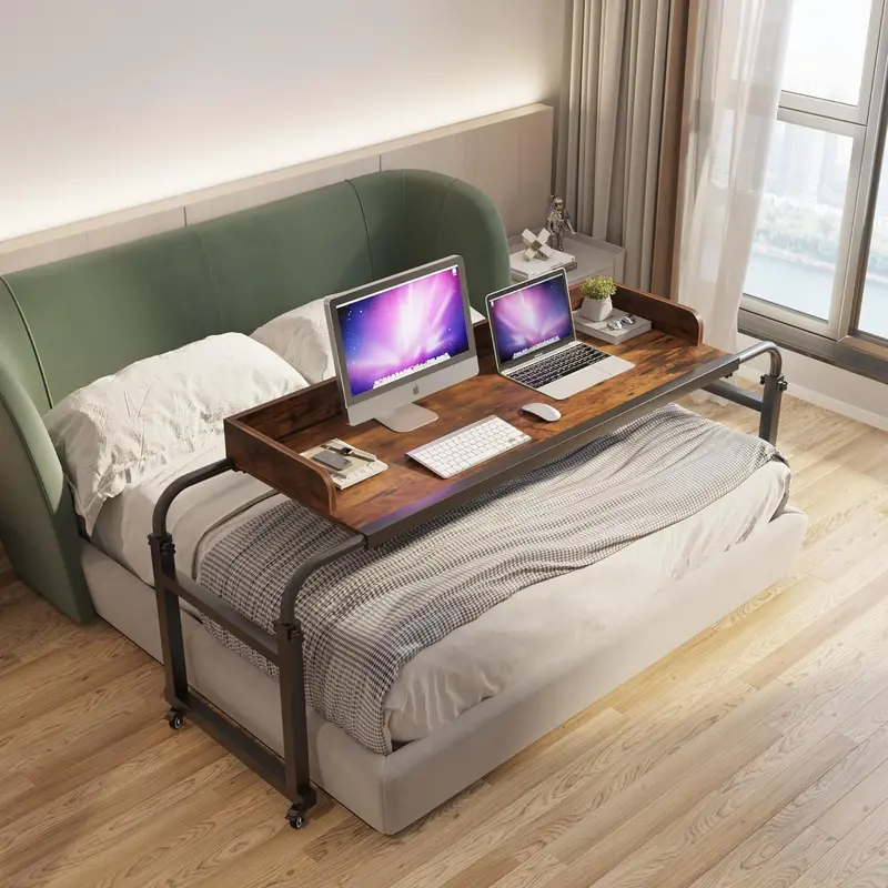 Wheeled Brown Overbed Table: Universal King/Queen Bedside Desk With Smooth-Glide Mobility 2