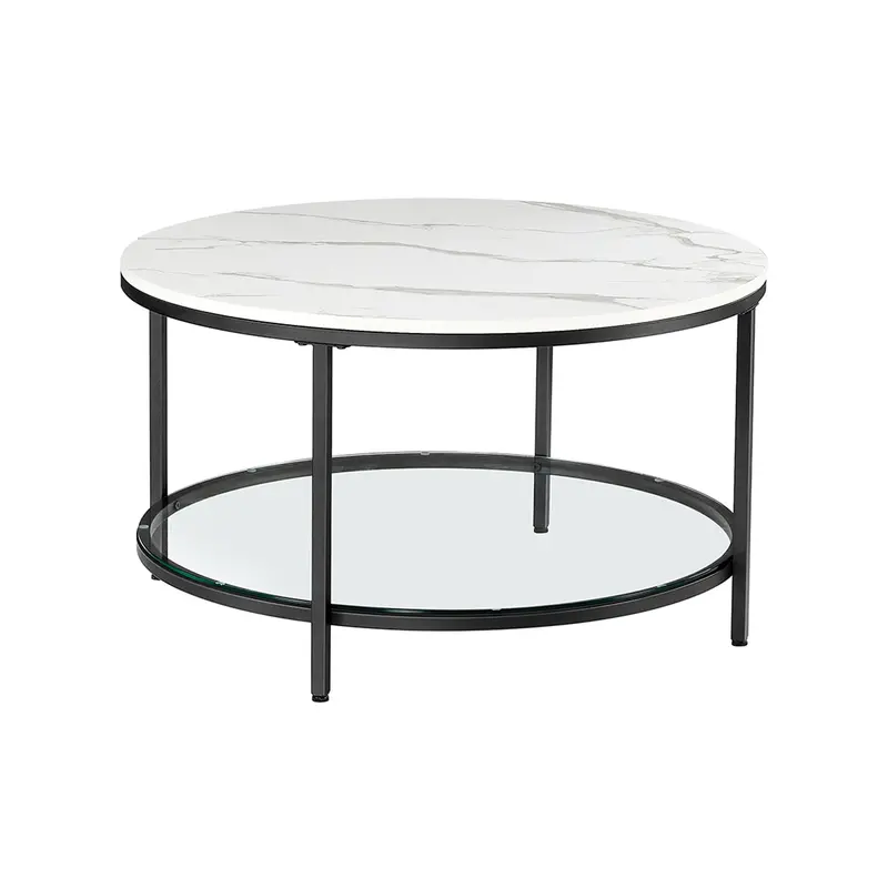 White-And-Black Faux Marble Round Coffee Table – Tempered Glass Shelf For Storage 1