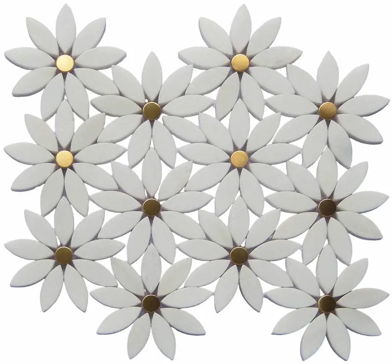 White And Gold Floral Marble Mosaic Tile – Handcrafted Decorative Accent Tile 1