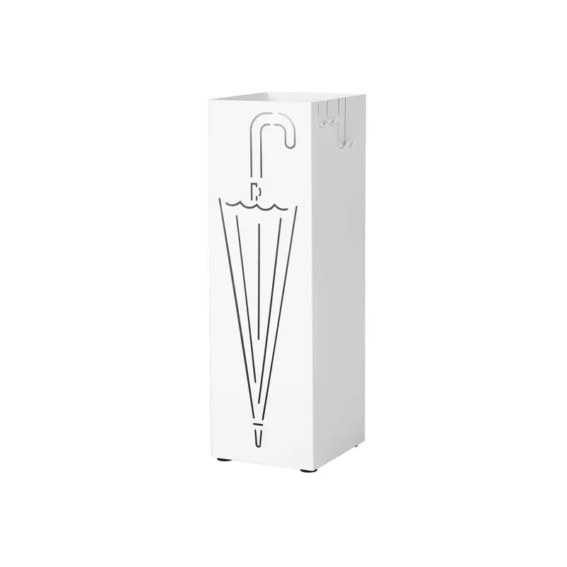 White Metal Umbrella Stand With Square Base, Integrated Hooks, And Drip Tray 1