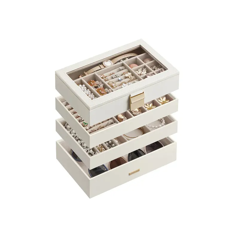 White Wooden 5-Tier Stackable Jewelry Box – Clear Glass Lids, Elegant Display Storage 1