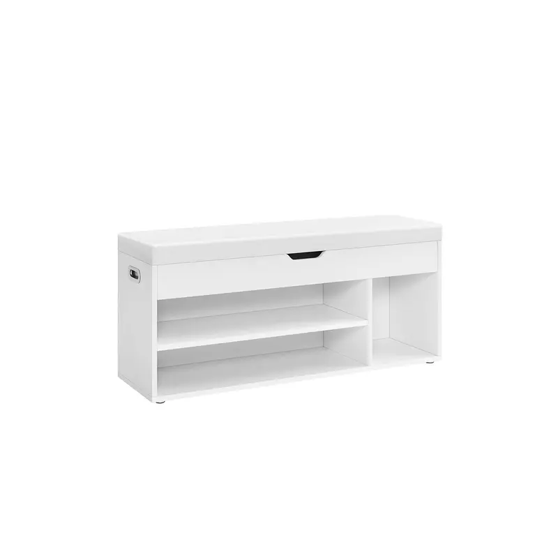 White Wooden Storage Bench – Padded Seat, Hidden Chest Compartment, And Dual Open Shelves 1