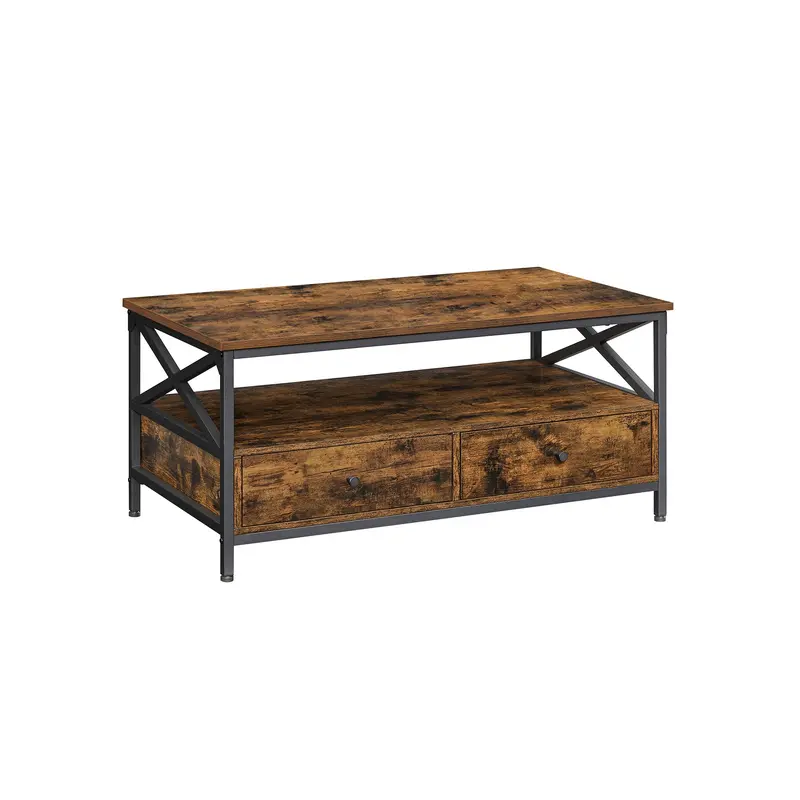 Wood-And-Steel Coffee Table – Rustic Brown & Black Industrial Design With Dual Storage Zones 1